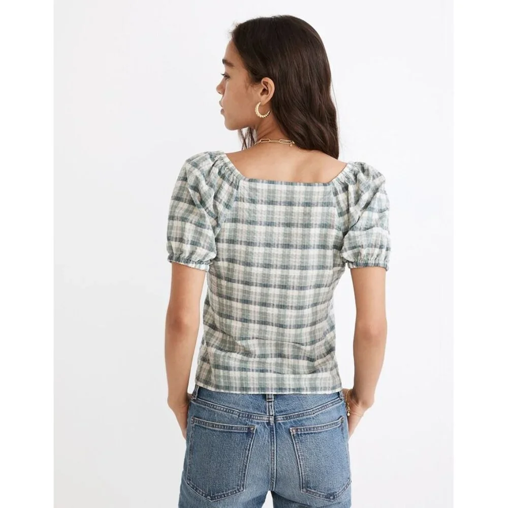 Madewell Plaid Puff-Sleeve Ruched Bodice Top S